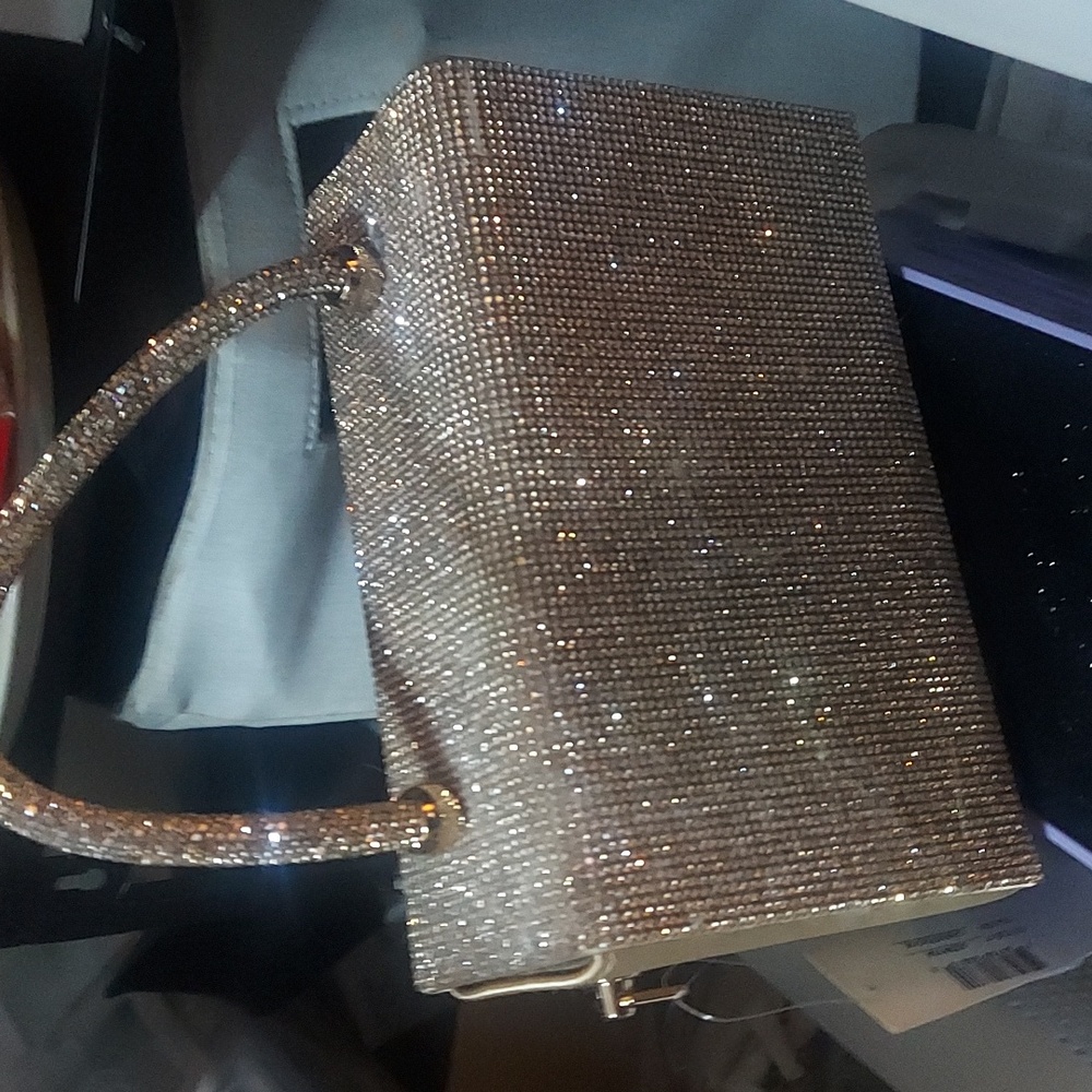 PREZZO Glitter Gold Rhinestone Sparkling Evening Handbag Boxy Satchel